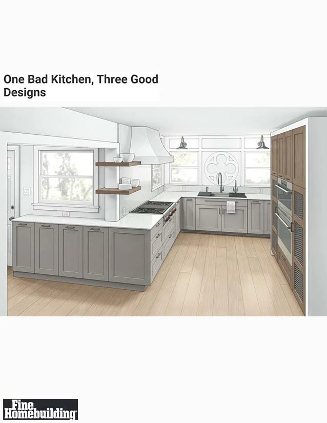 A modern kitchen with gray cabinets, a white countertop, a stove, a double oven, and a sink beneath a large window. Shelves hold white bowls, and there are hanging pendant lights. Light wood flooring completes the space.