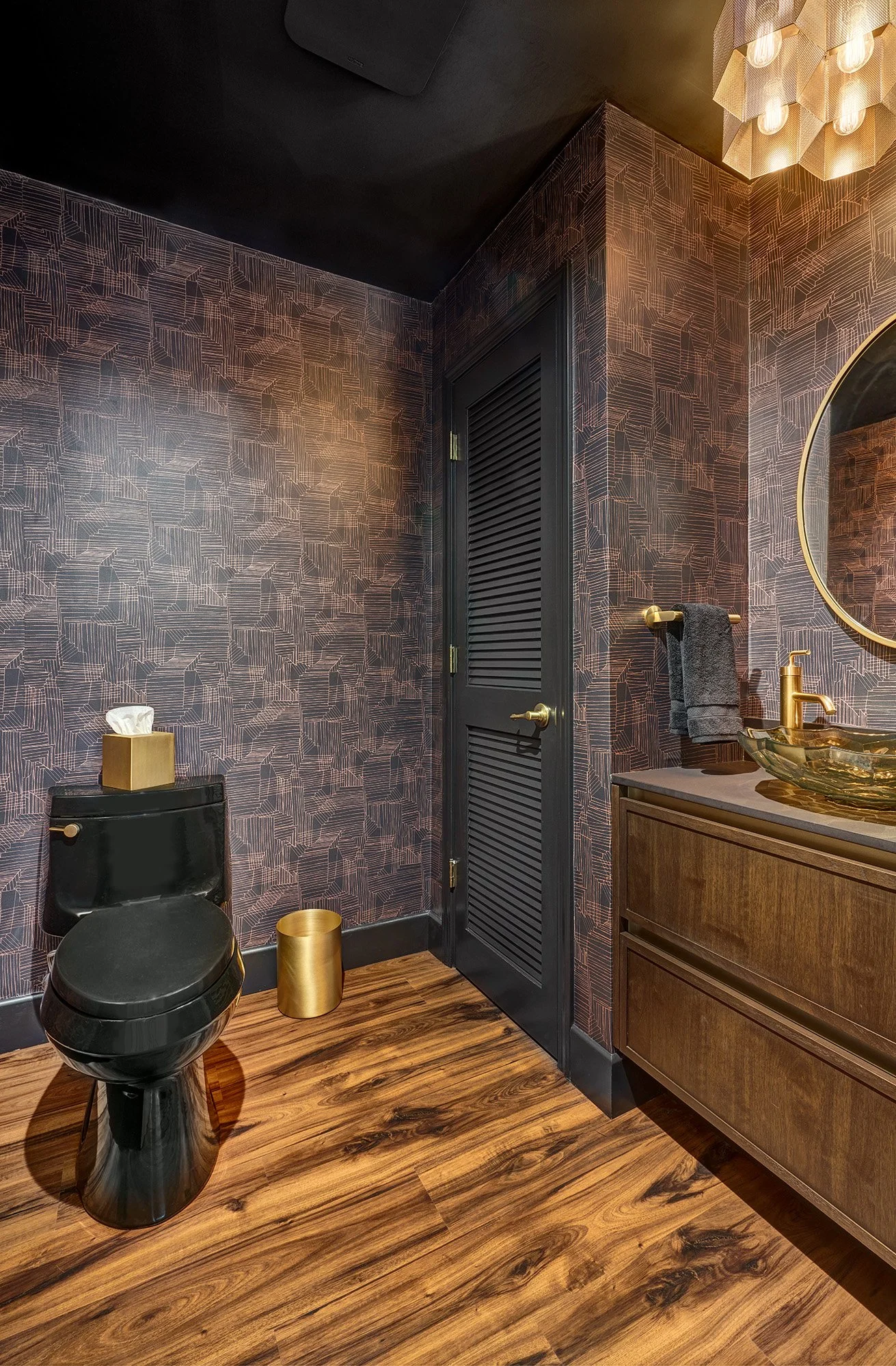 Moody powder bathroom remodel, European wood cabinet vanity, glass vessel sink, wallpaper