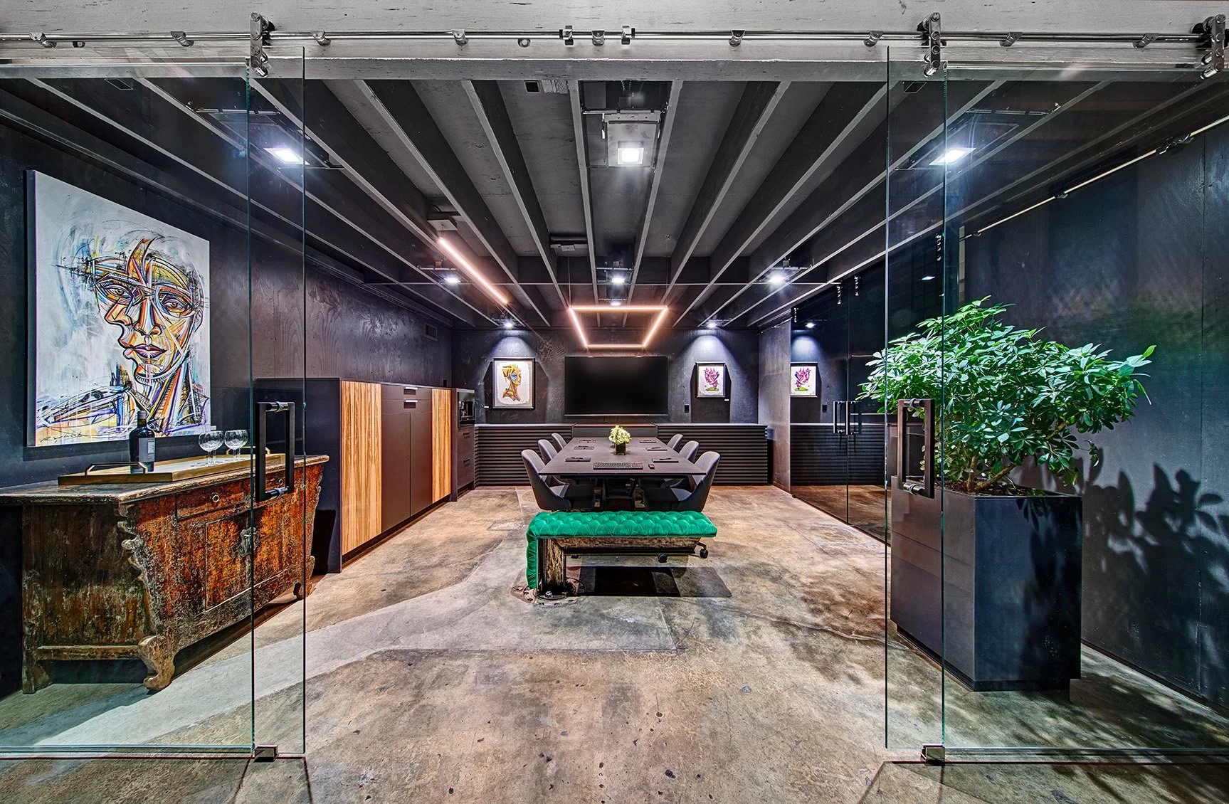 Interior design firm, moody conference room, large Dekton table