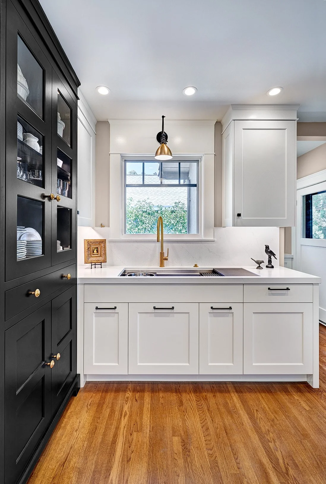 Transitional black + white kitchen remodel, The Galley workstation, cabinet hutch