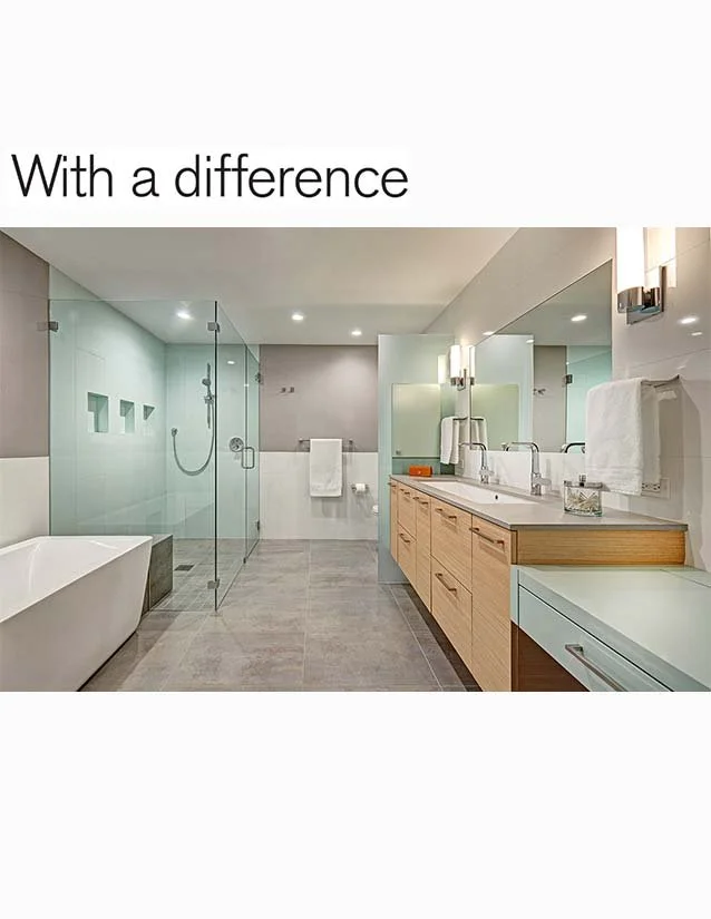 Modern bathroom featuring a standalone bathtub, glass-enclosed shower, double sink vanity with wooden drawers, large mirror, and neutral-toned tiles.