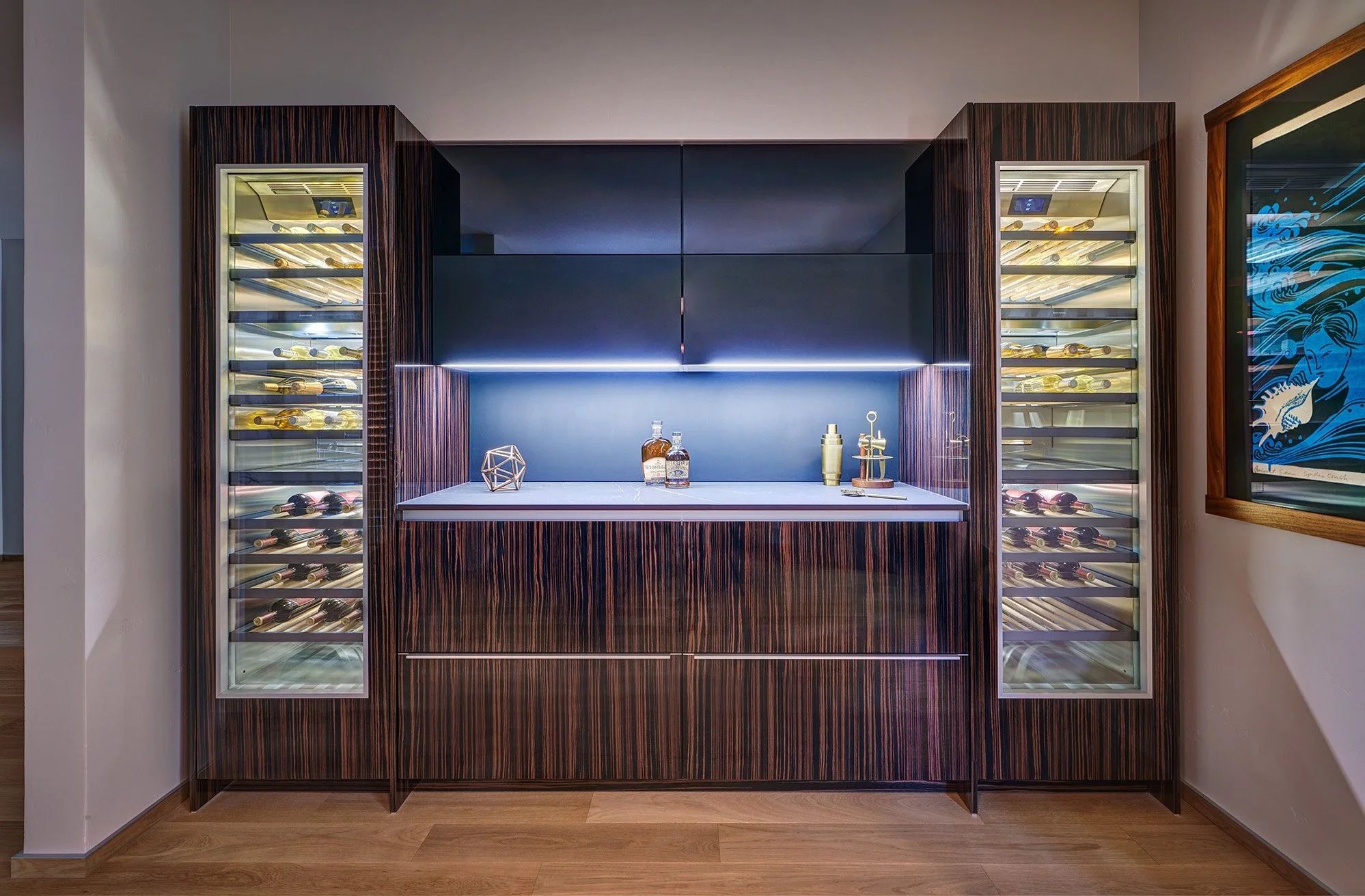 Modern whole home remodel, European cabinetry bar, panel ready wine refrigerators, high gloss cabinetry