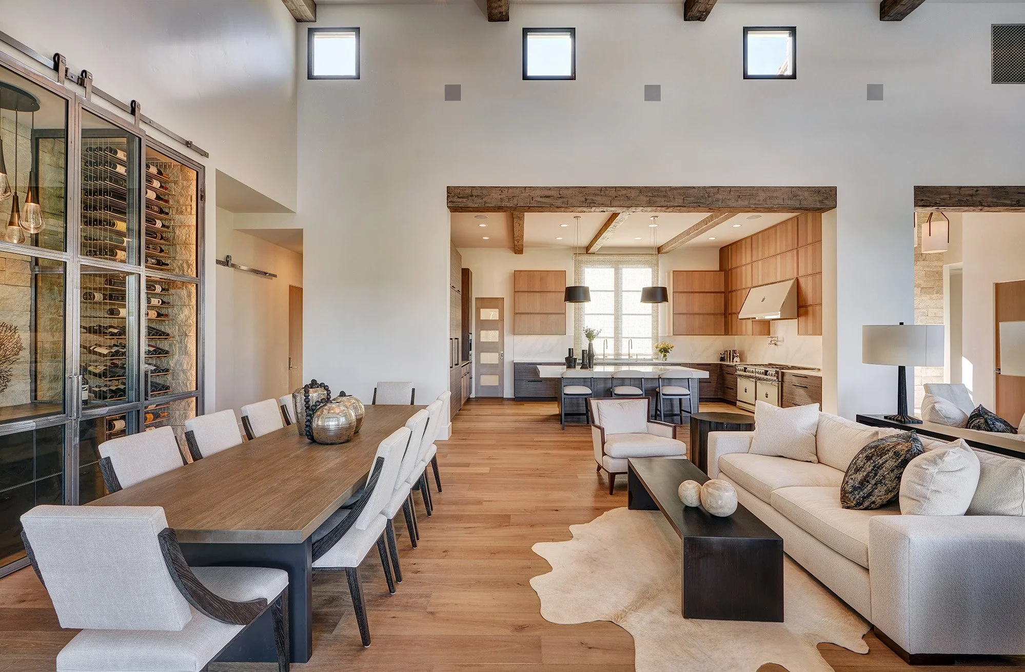 Modern new construction home, large dining table, wine room