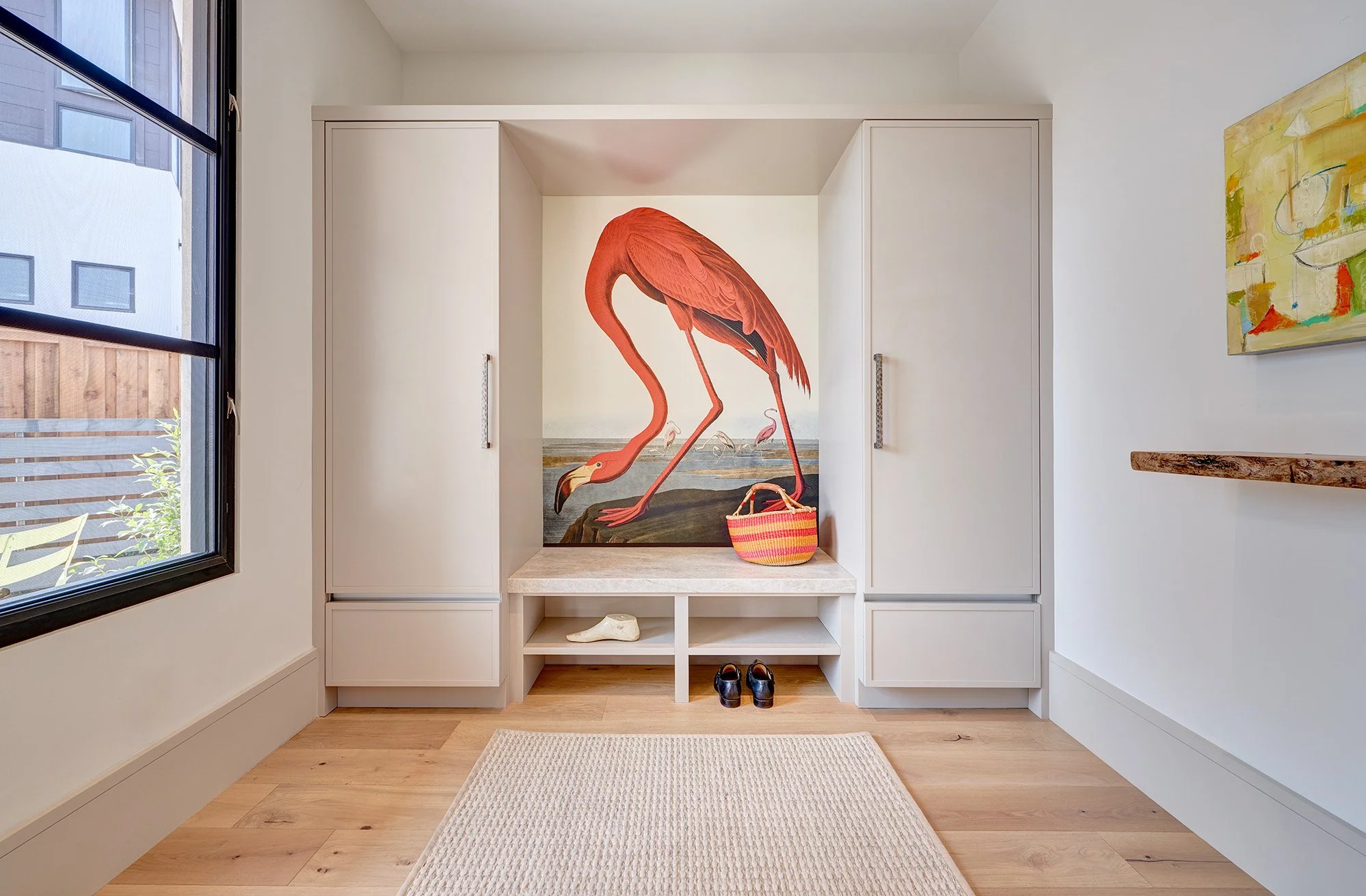 Warm contemporary new construction home, slim shaker cabinetry, shoe bench, mudroom