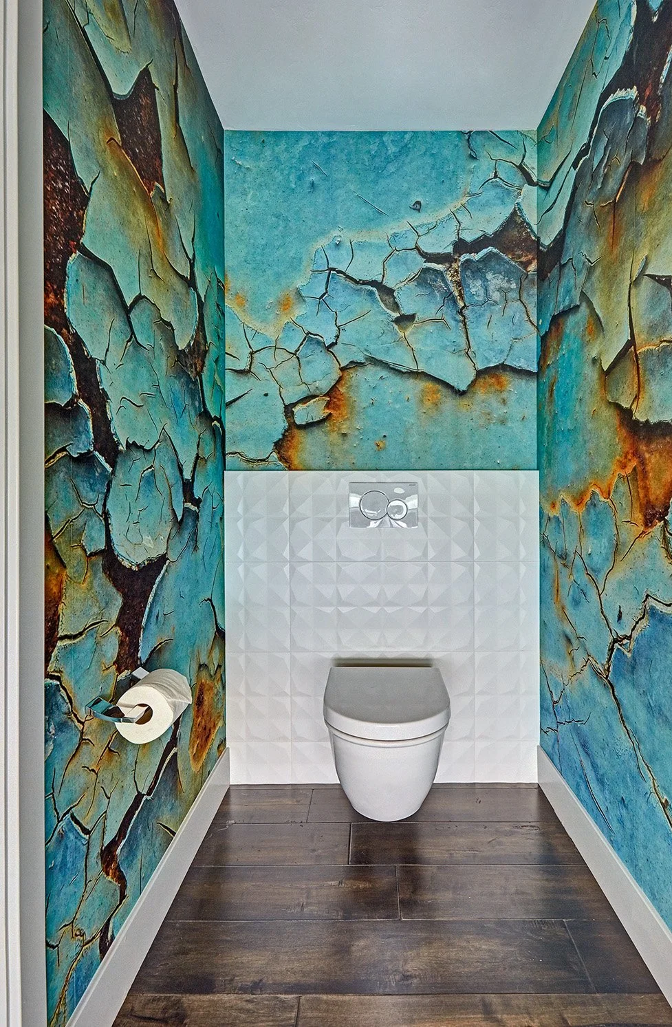 Modern powder bath remodel,  peeling paint wallpaper, tile splash, wall hung toilet
