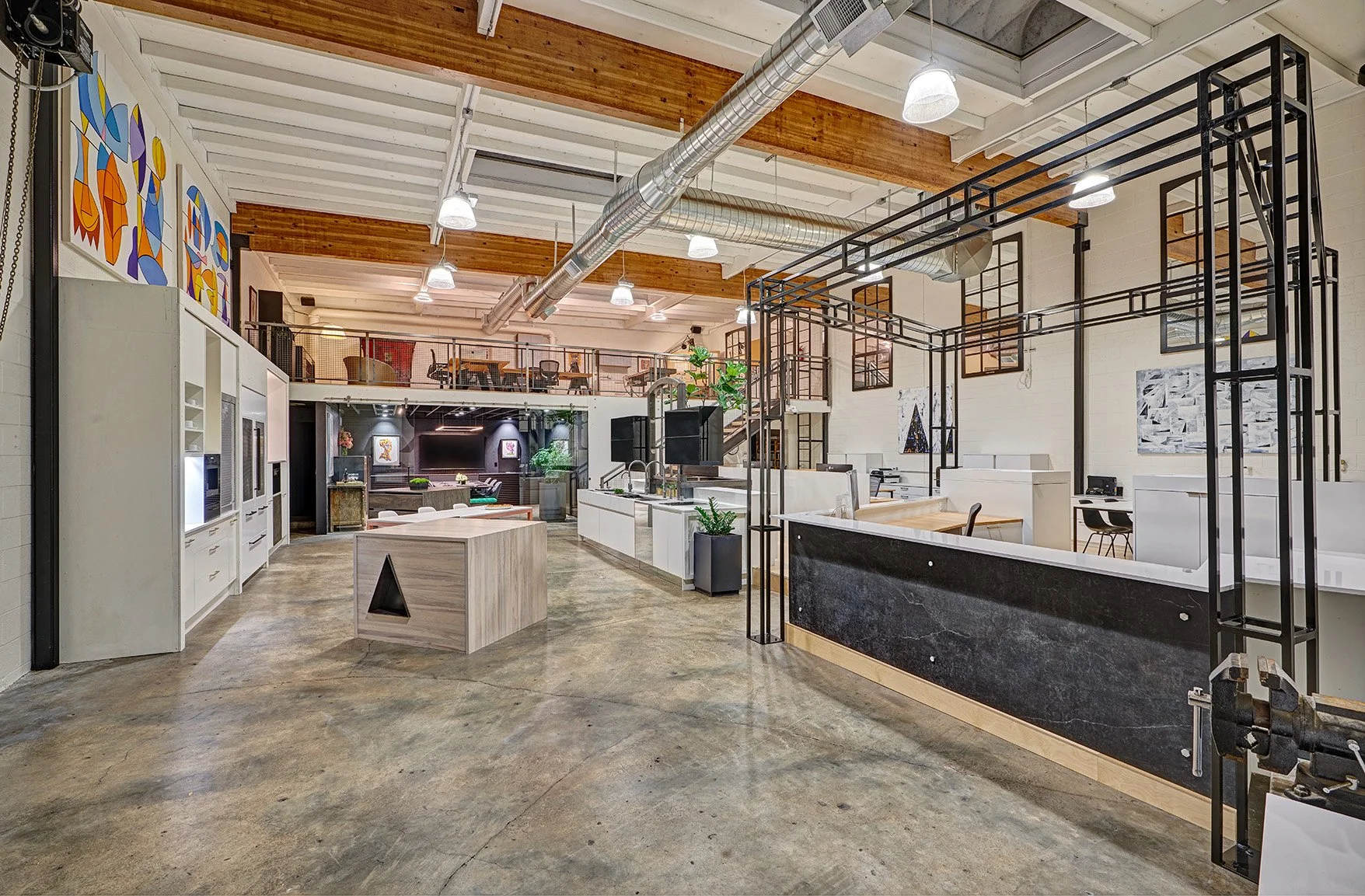 Interior design firm, showroom kitchen, European cabinetry, large beams, Sub-Zero, Wolf + appliances, The Galley workstation, appliance garage
