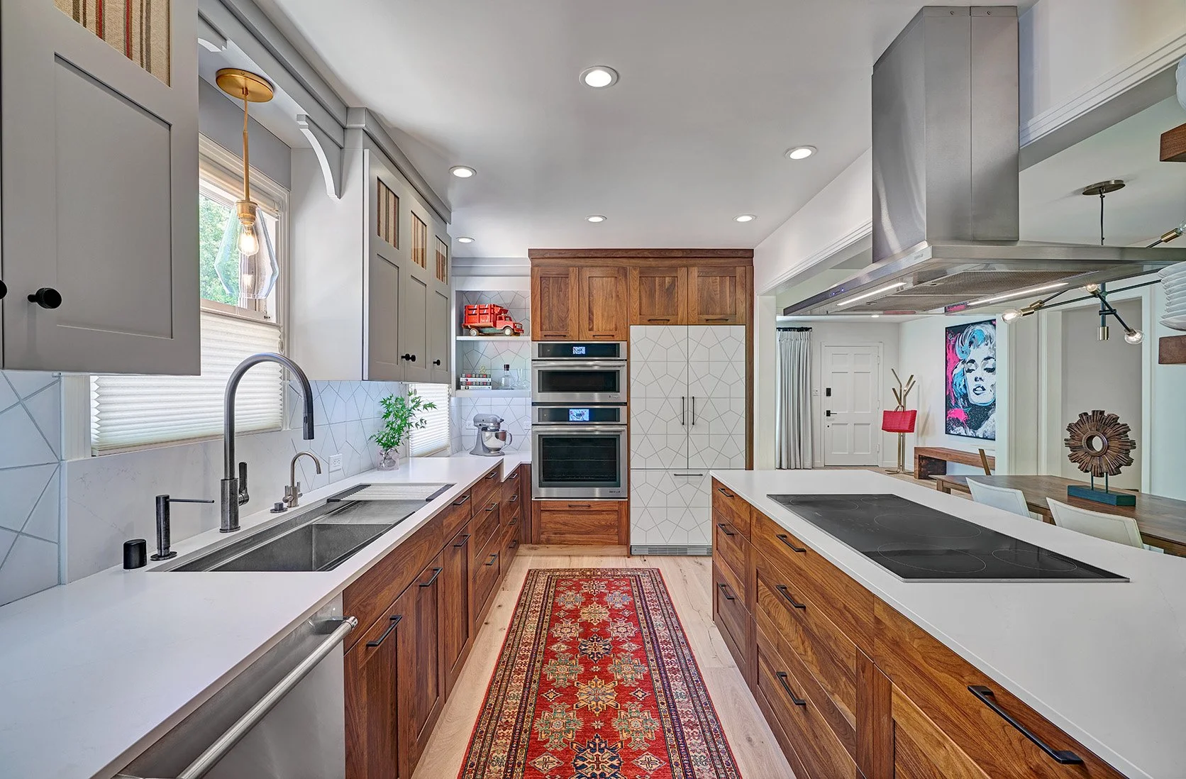 Bungalow kitchen remodel, walnut cabinetry, custom paneled refrigerator, The Galley Workstation
