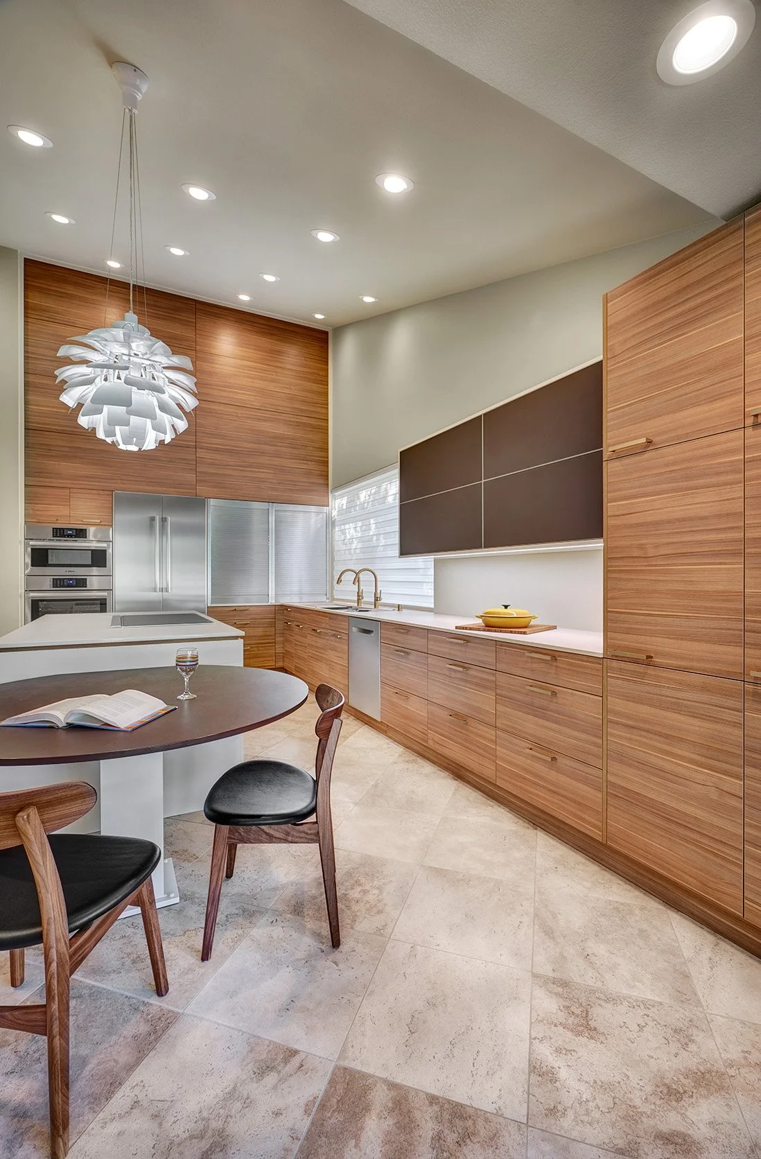 Vaulted ceiling kitchen remodel, wood European cabinetry, tall appliance wall, appliance garage, large island