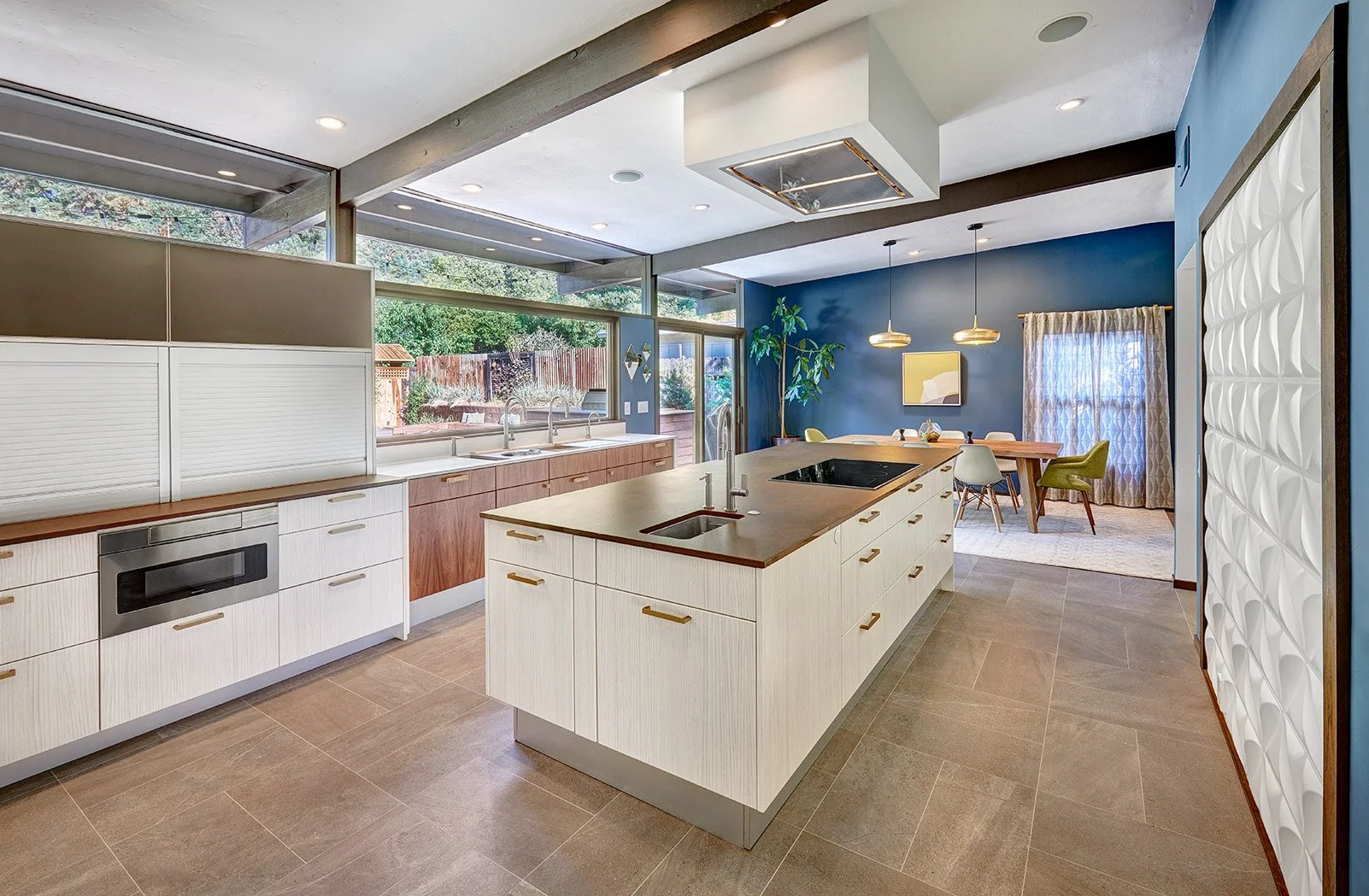 Mid-Century Modern kitchen remodel, Streng home, white + wood cabinetry, waterfall countertop, appliance garage, large island