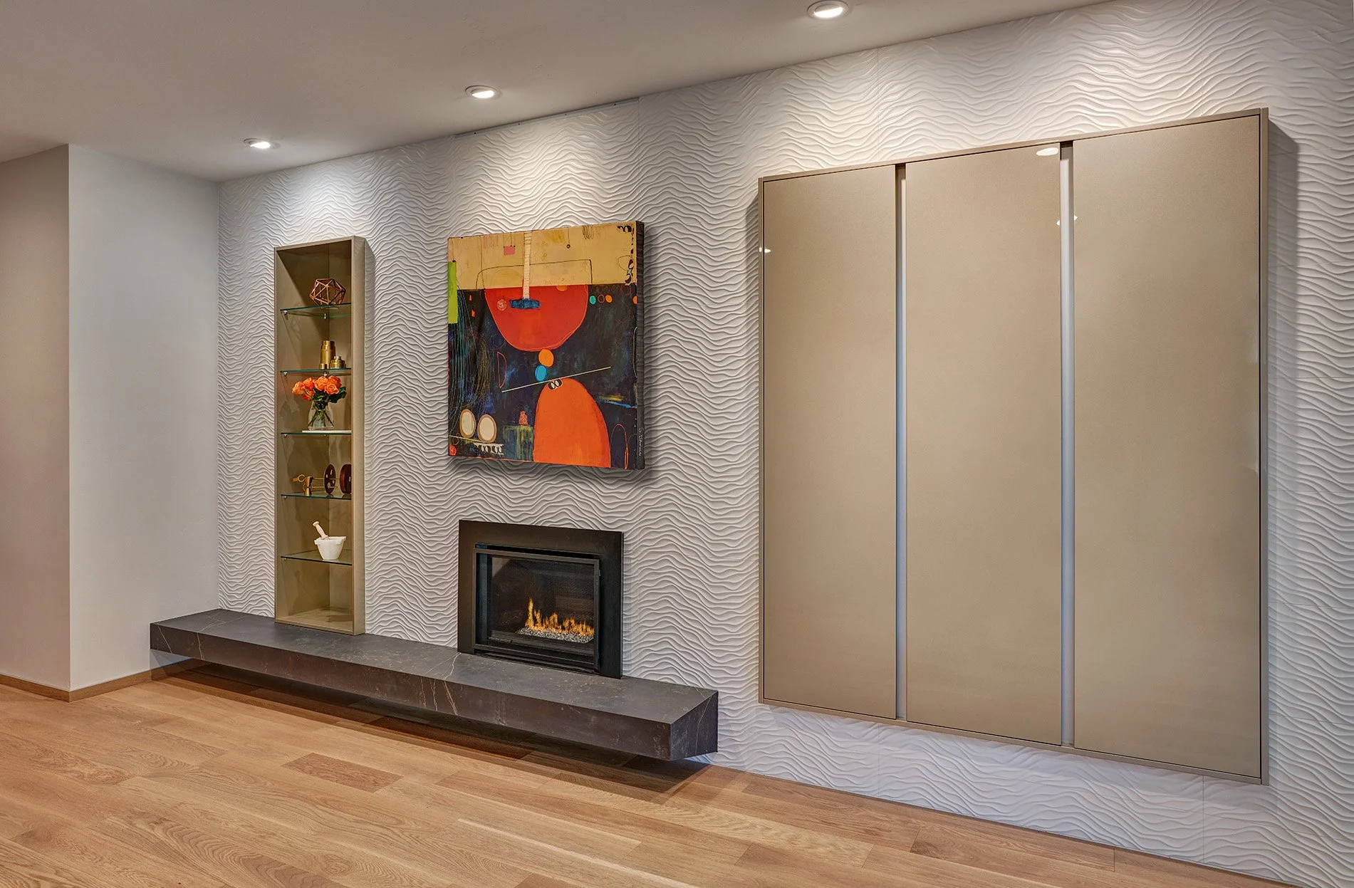 Modern whole home remodel, European cabinetry inset in wall, fireplace, floating hearth