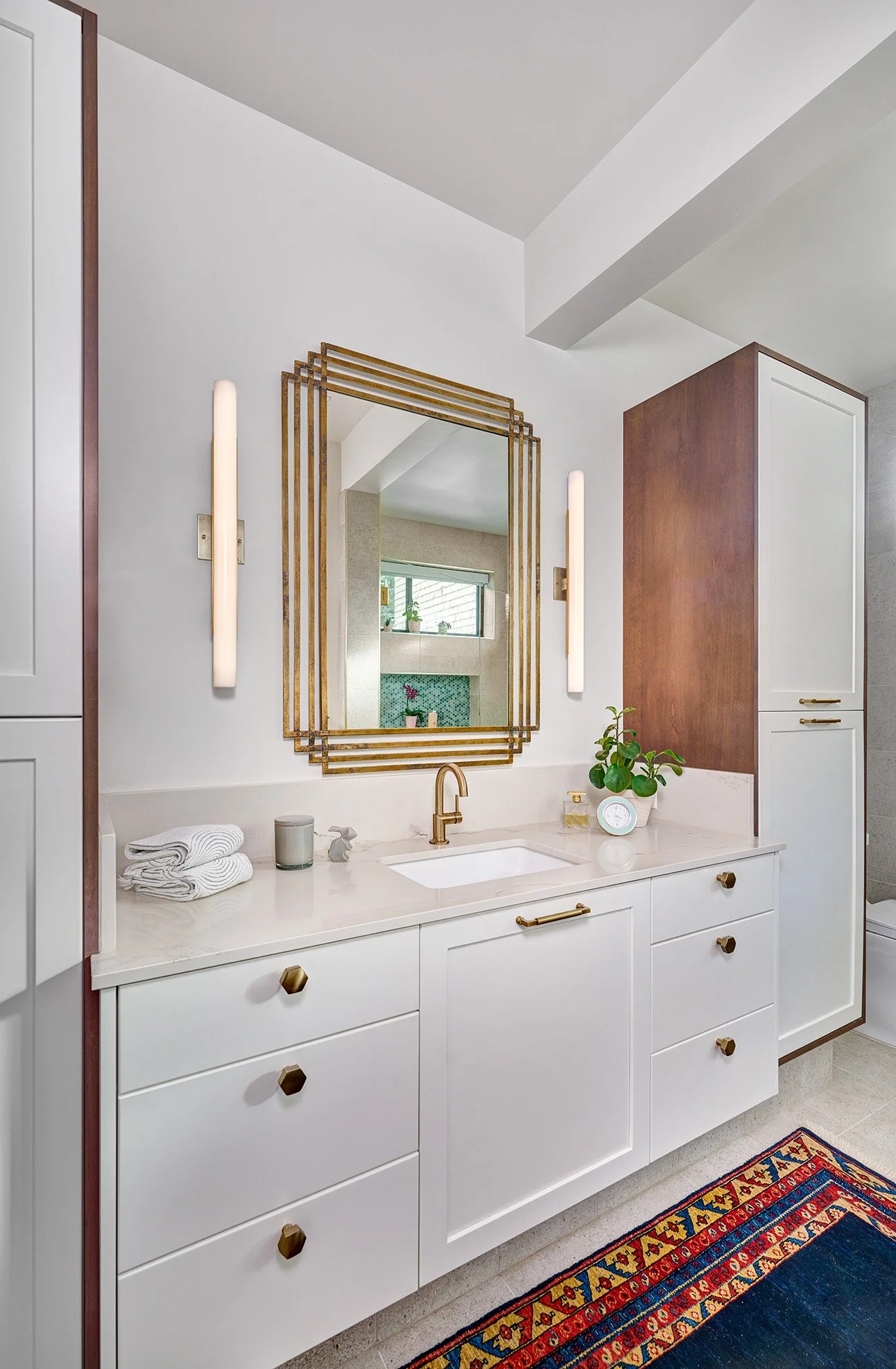 New construction ADU home, white + wood primary bath, cabinet vanity, tall cabinet storage