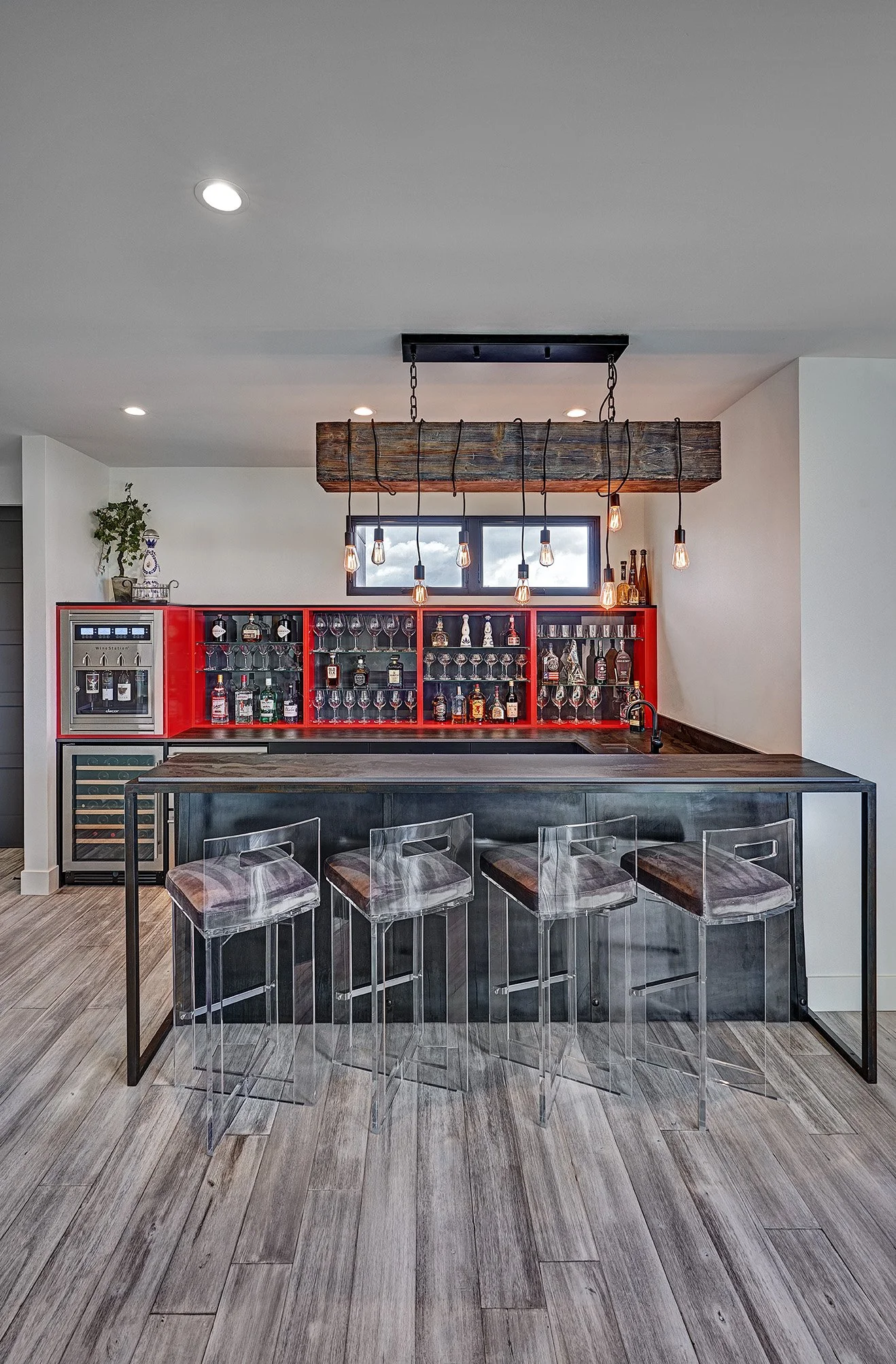 Luxury new construction home, custom bar, metal mesh cabinets, cabinet floating shelves