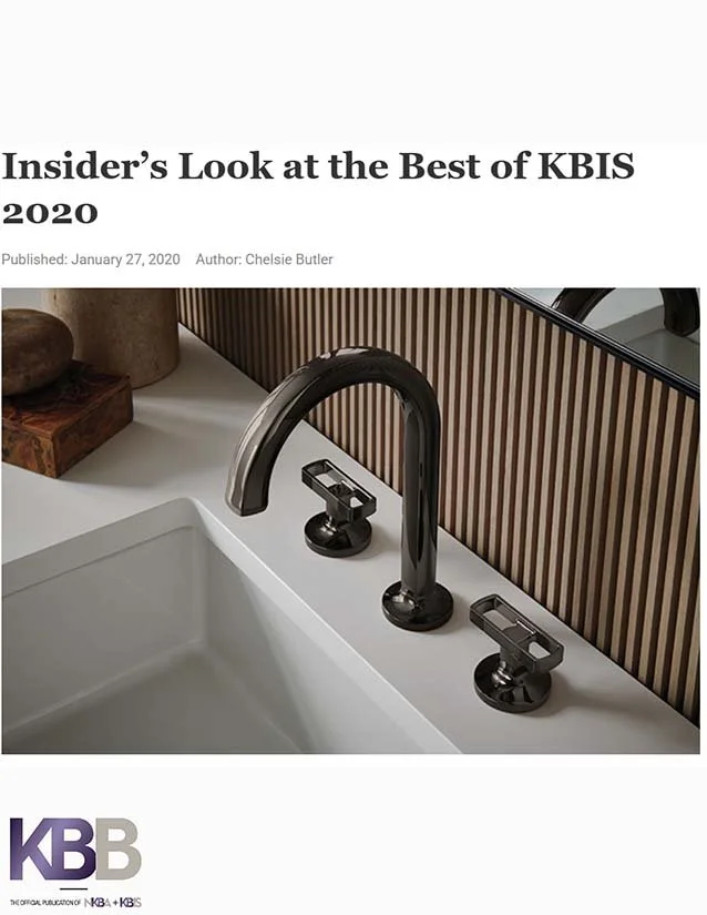 Cover of an article titled 'Insider's Look at the Best of KBIS 2020' showing a close-up of a modern bathroom sink faucet with a curved spout and two handles, set against a textured brown wooden wall.