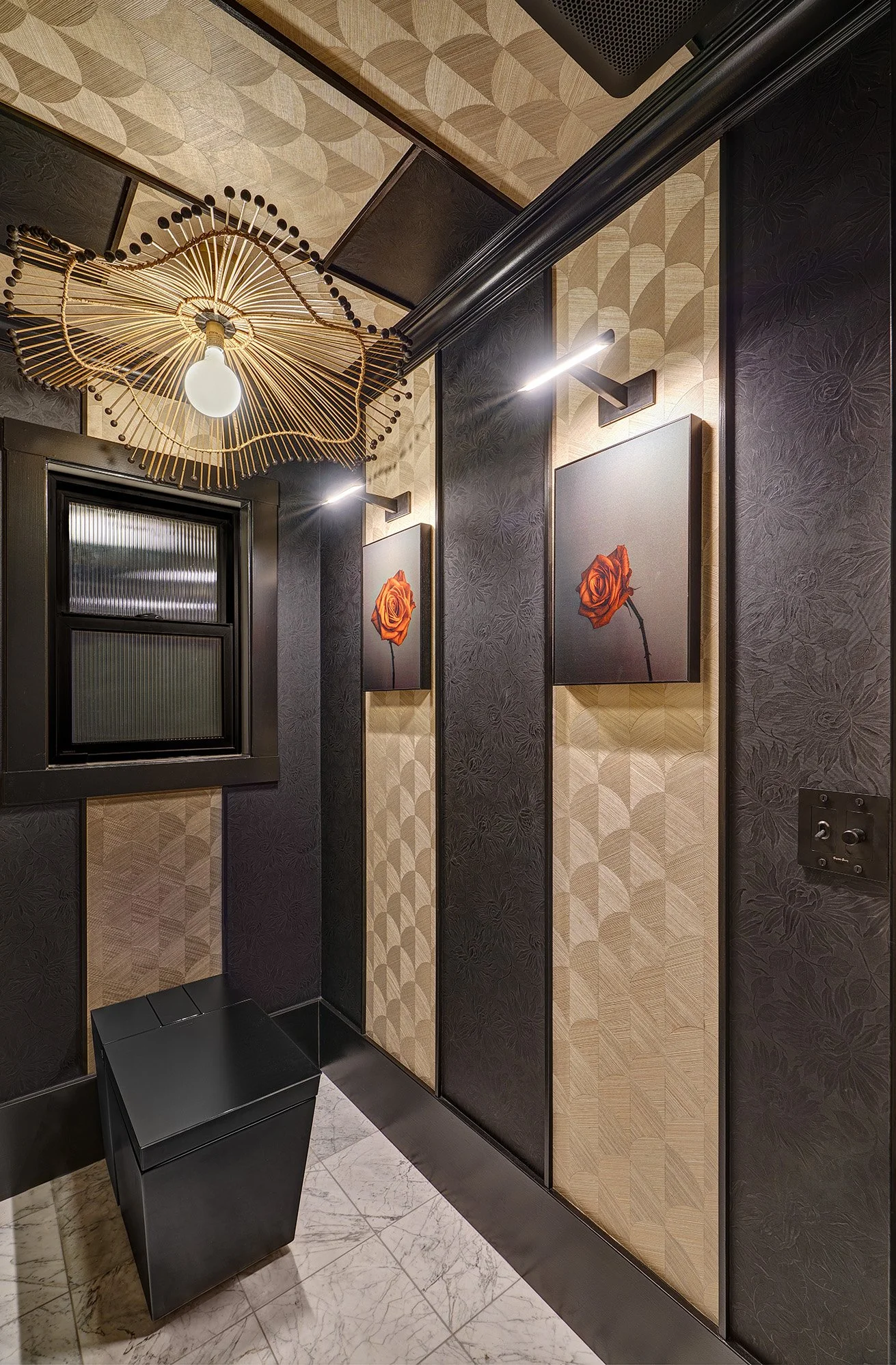 Toilet room, Kohler Numi 2.0 smart toilet, wallpaper, millwork, chandelier, art lights