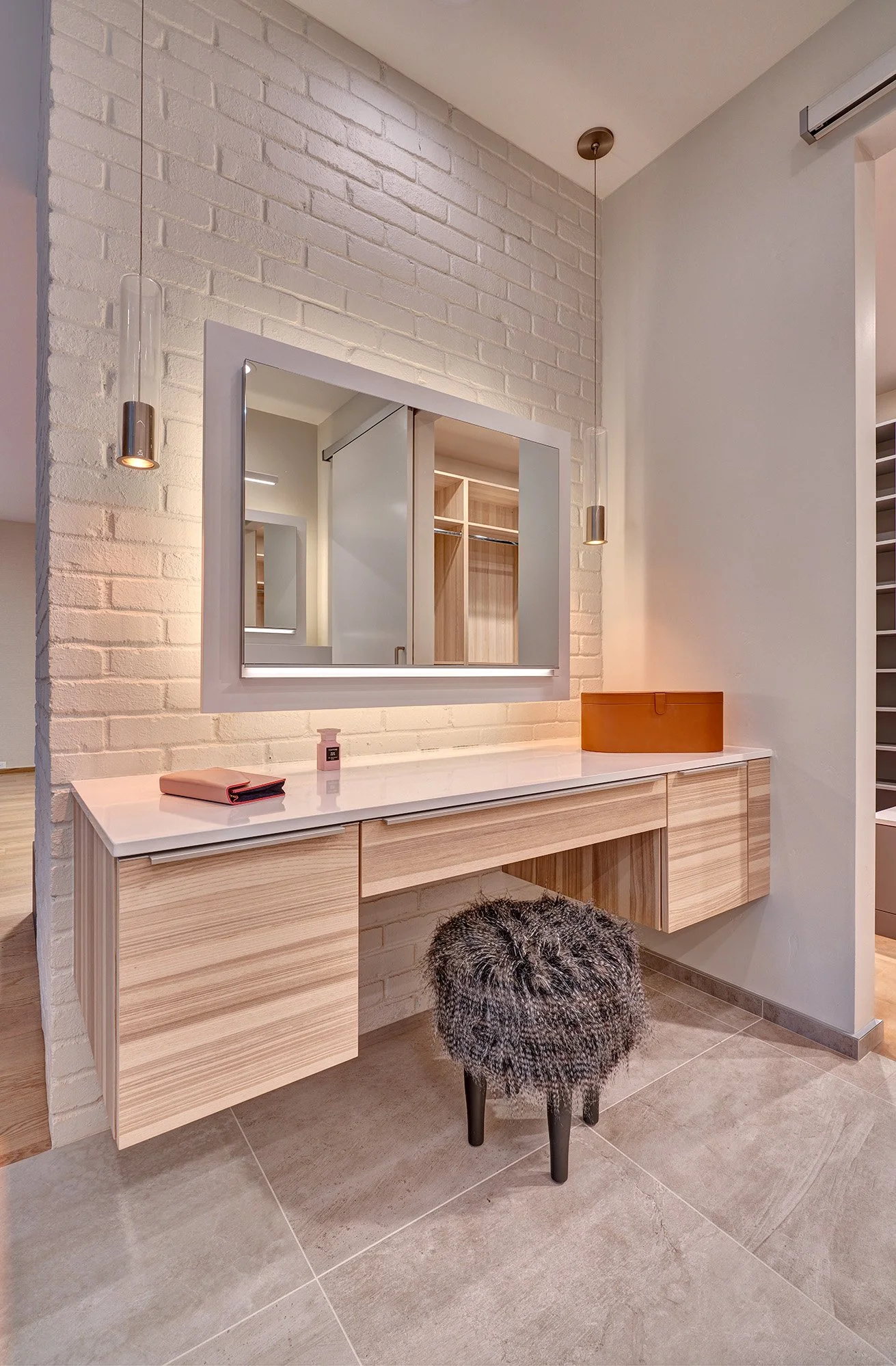 Modern whole home remodel, European cabinetry vanity, primary bath, makeup station, Robern medicine cabinets