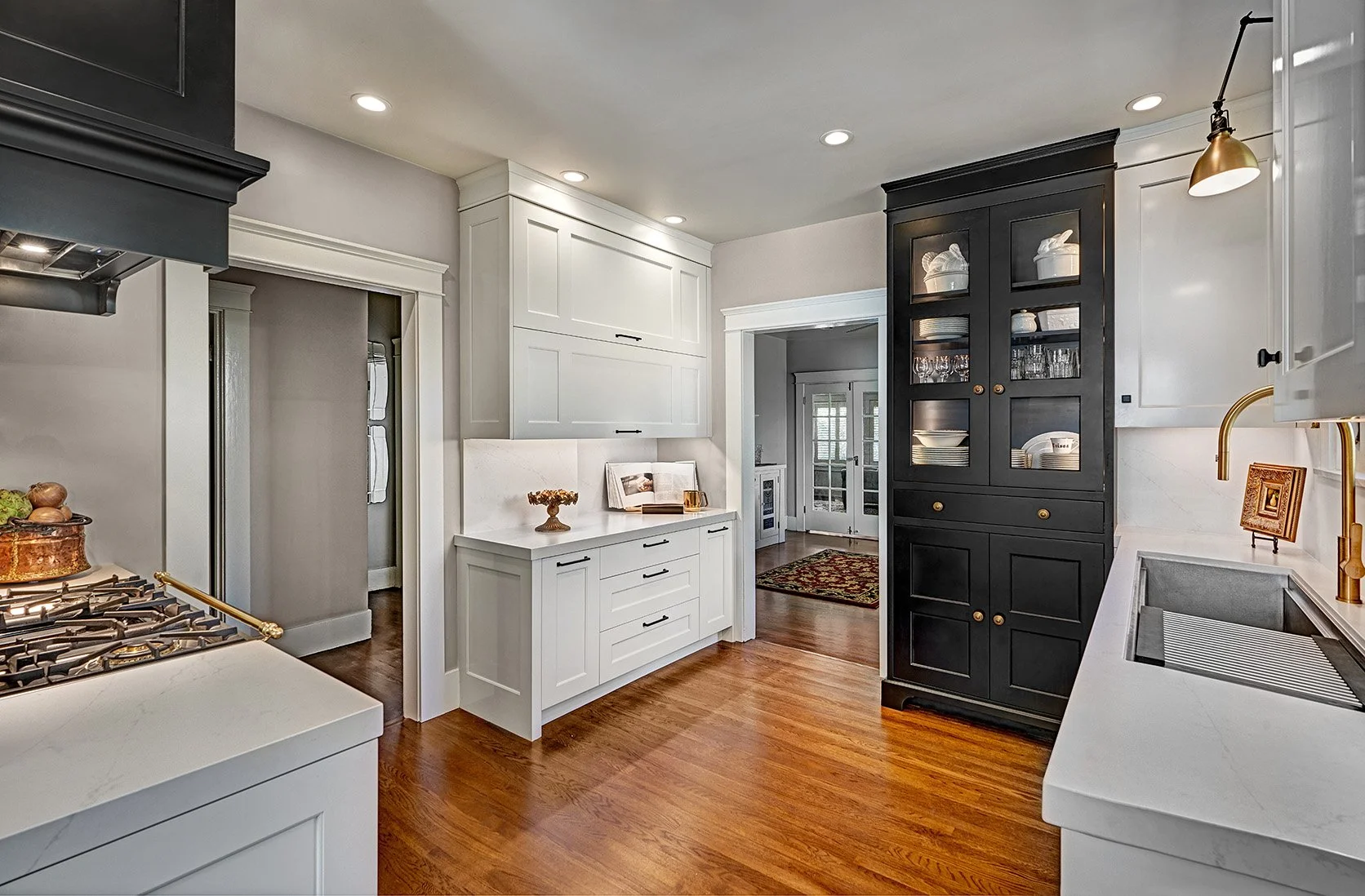 Transitional black + white kitchen remodel, The Galley workstation, cabinet hutch