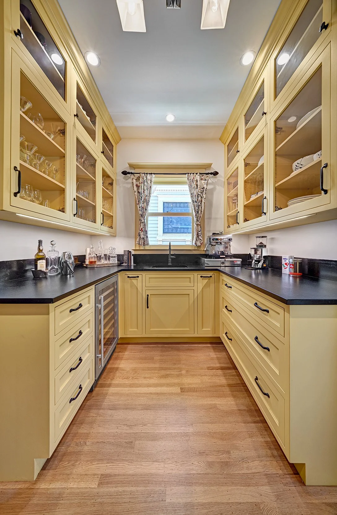 Transitional, classic butler kitchen remodel, yellow cabinetry