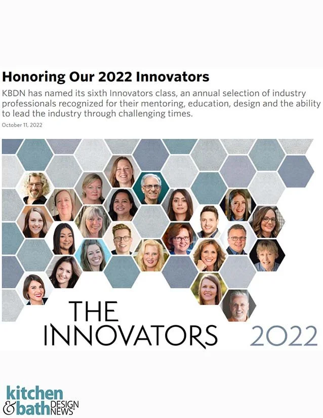 Cover page of a publication titled "Honoring Our 2022 Innovators" with a subtitle about industry professionals recognized for mentoring, education, and design. Features a grid of headshots of diverse individuals in hexagon frames on a background of h