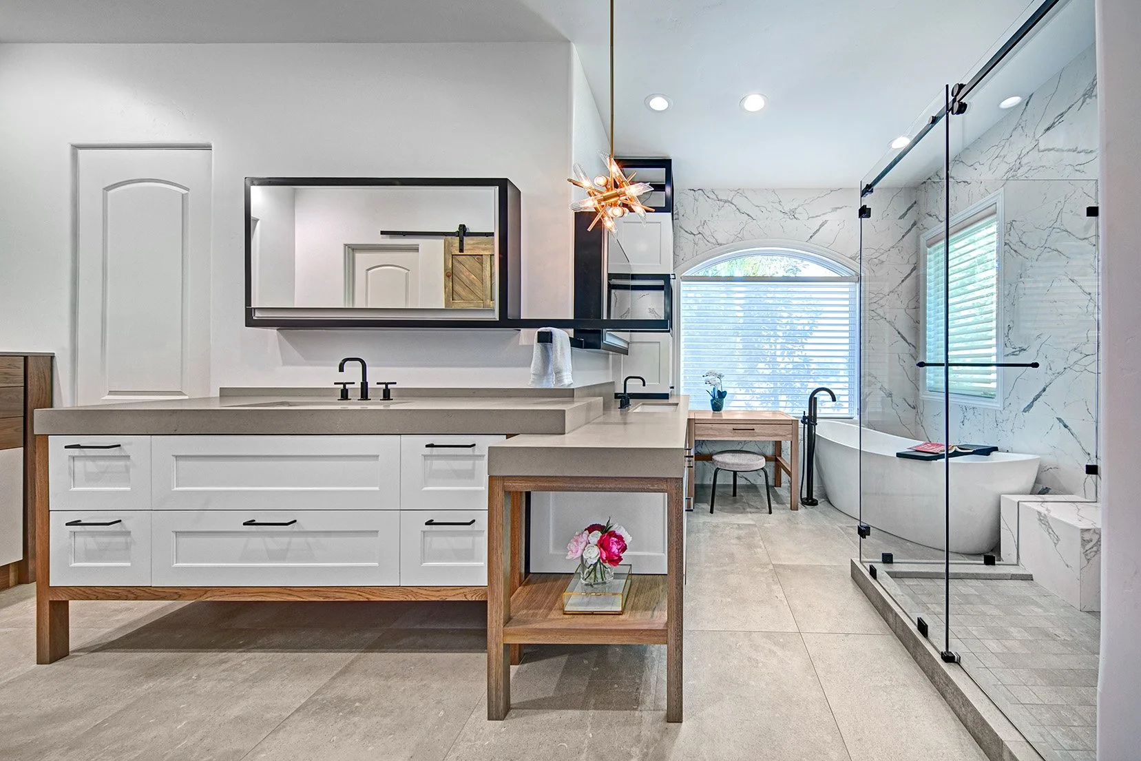 Primary bath remodel, double vanities, open wood cabinet legwork vanity end cap, makeup station, Robern medicine cabinets
