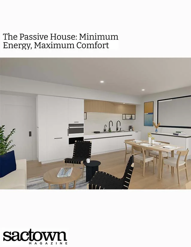 Modern kitchen and dining area with minimalist design, white cabinets, wooden furniture, and black accents.