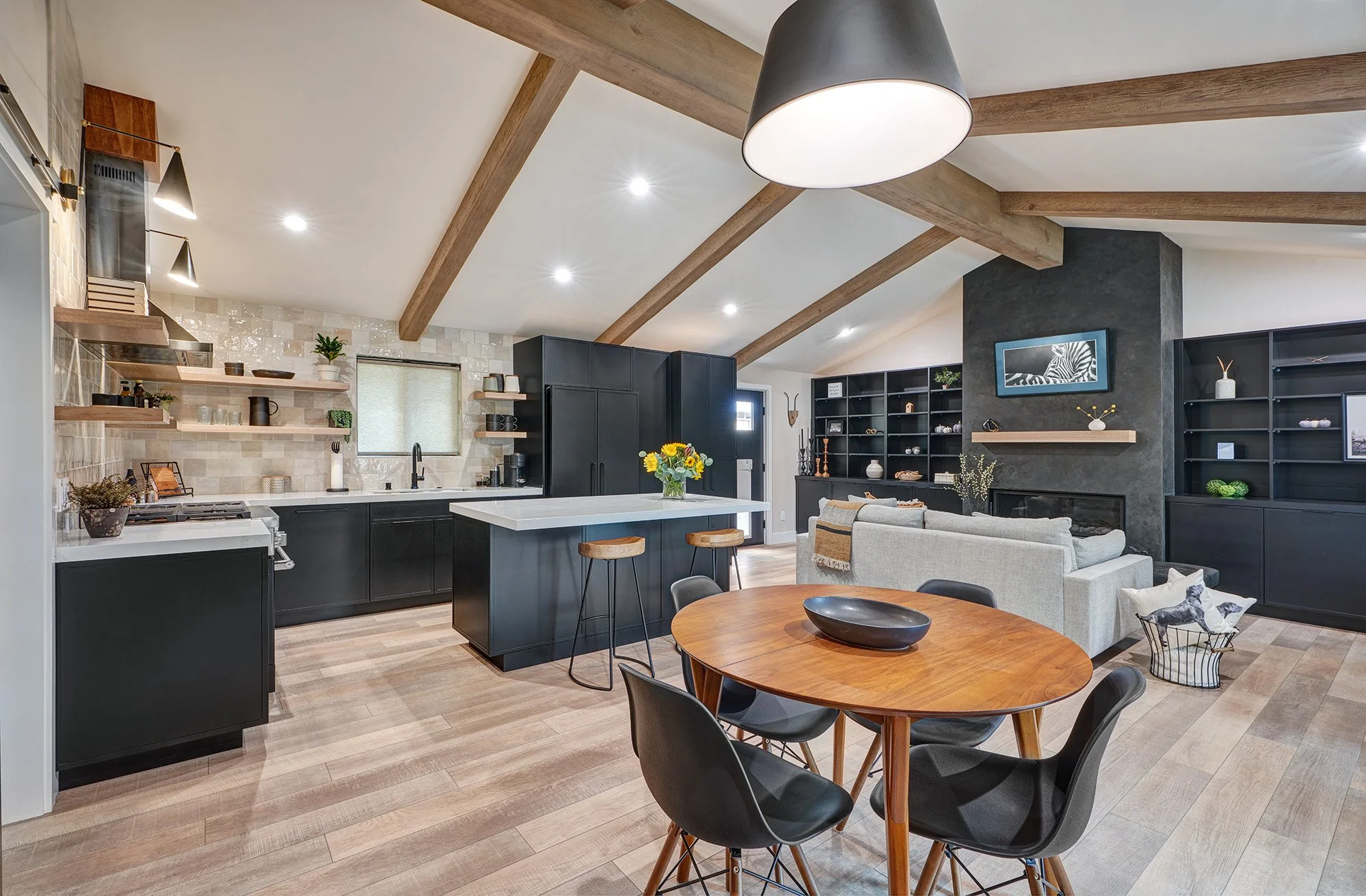 New construction ADU, kitchen with micro shaker cabinetry, island, beams