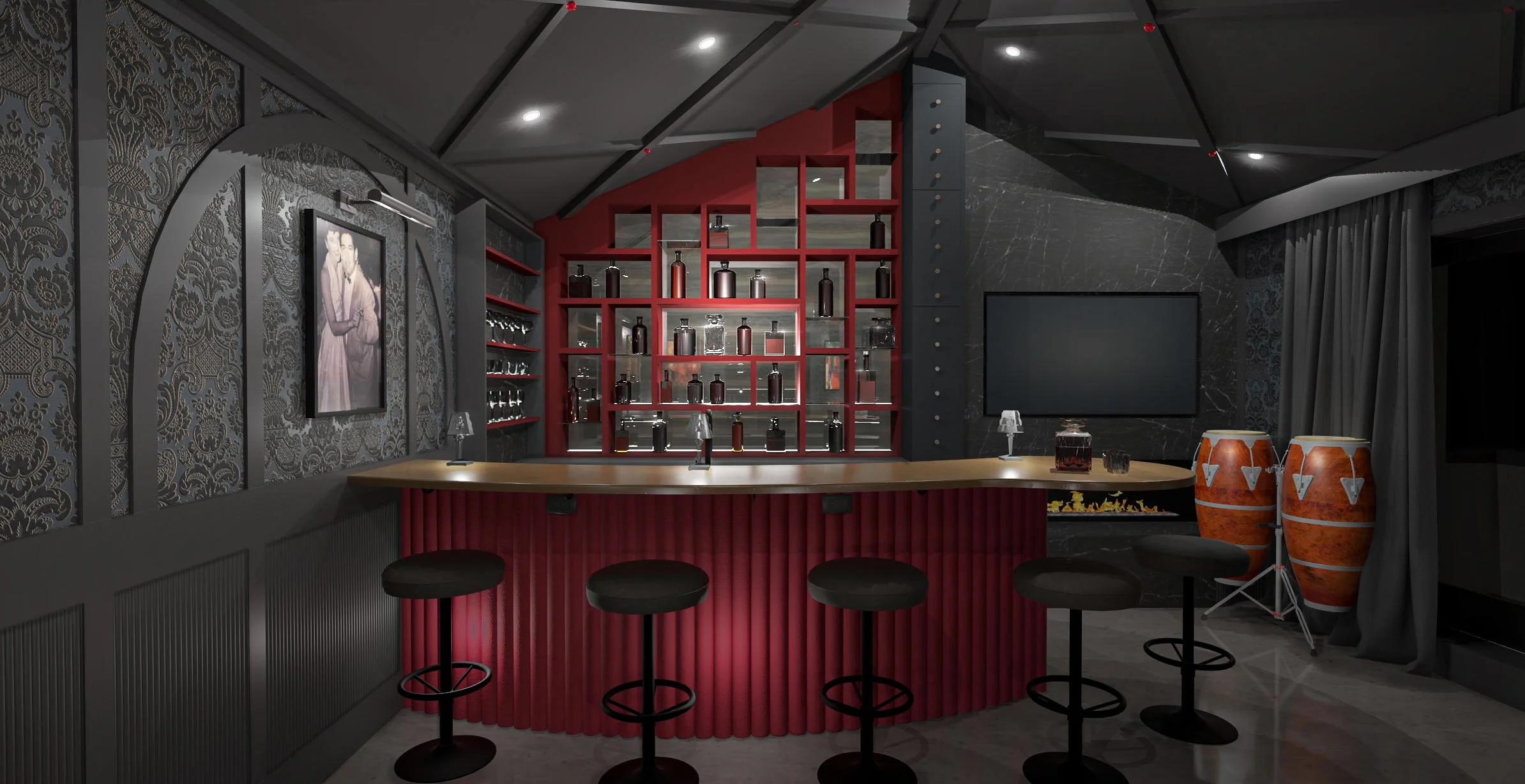 Moody dark and red Speakeasy bar, metal coated countertop, open cabinetry shelving, banquette