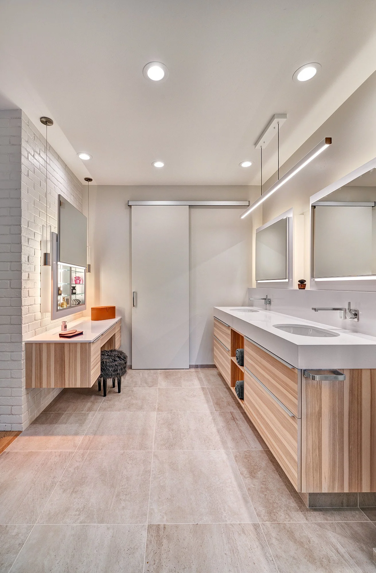 Modern whole home remodel, European cabinetry vanity, primary bath, makeup station, Robern medicine cabinets