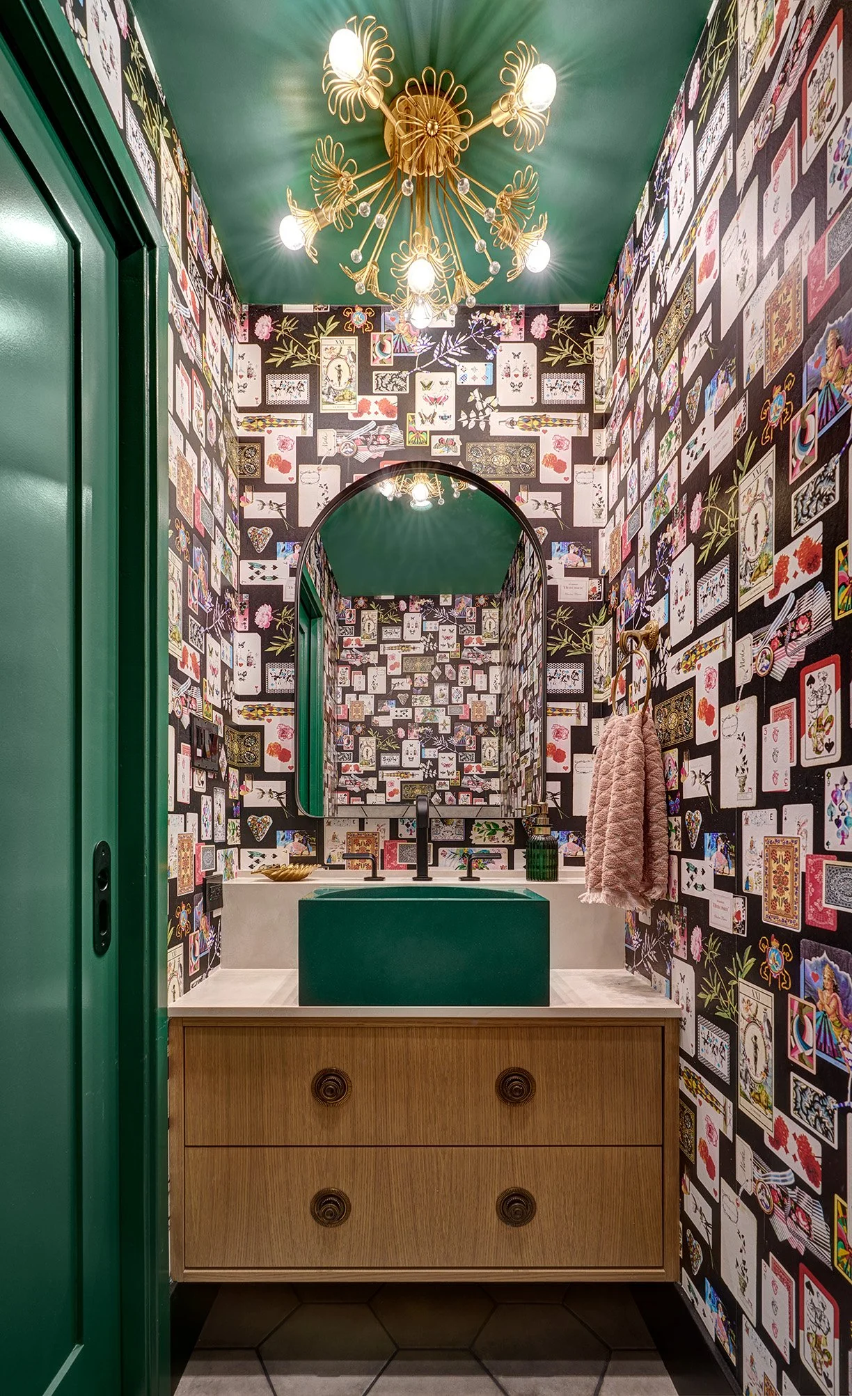 Green powder bath, card wallpaper, concrete vessel sink, white oak cabinet vanity