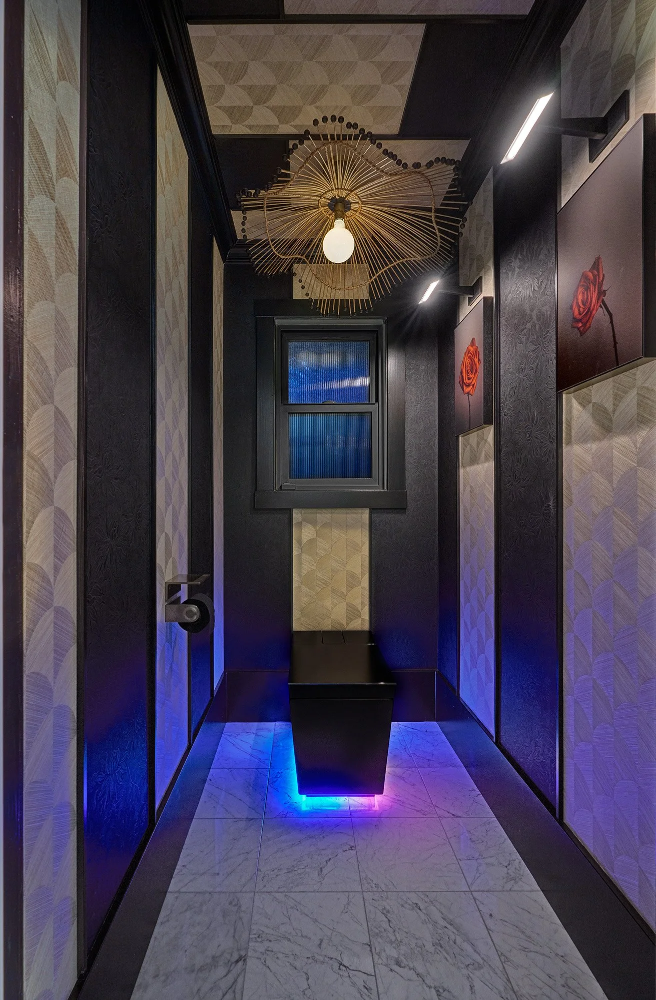 Toilet room, Kohler Numi 2.0 smart toilet, wallpaper, millwork, chandelier, art lights