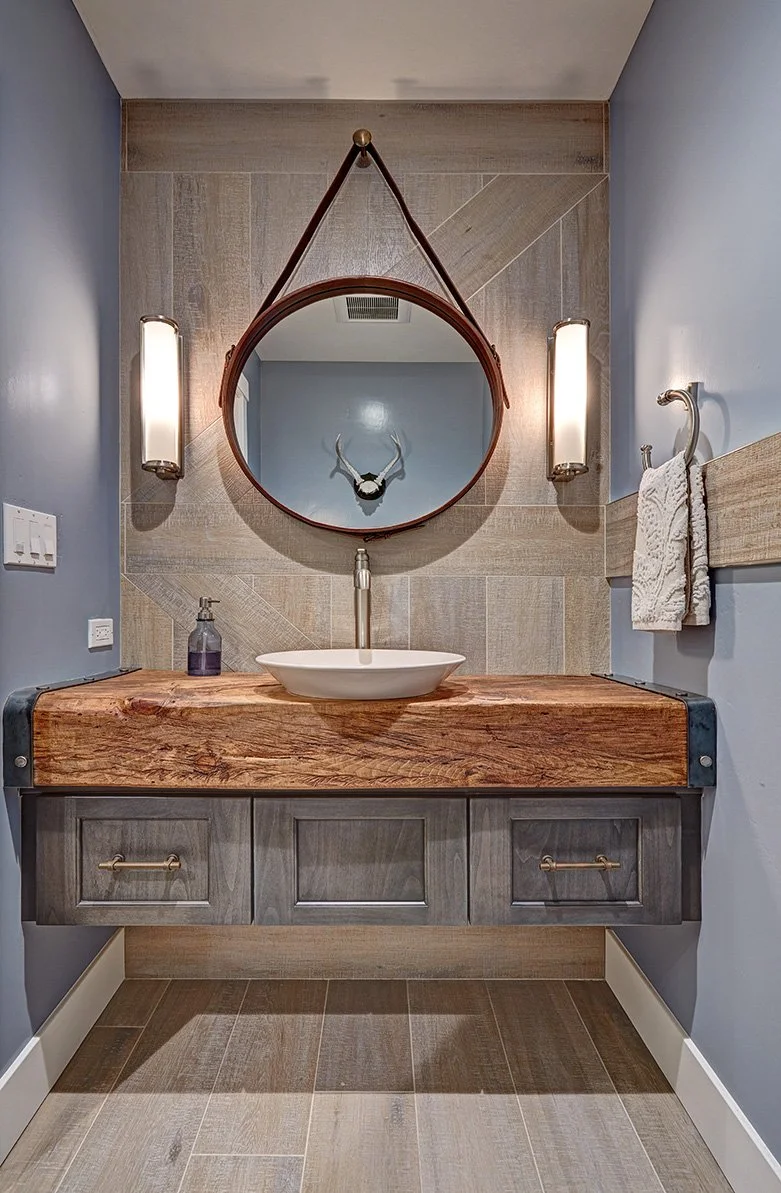 Whole home remodel, modern farmhouse, farmhouse industrial powder bath, floating cabinet vanity