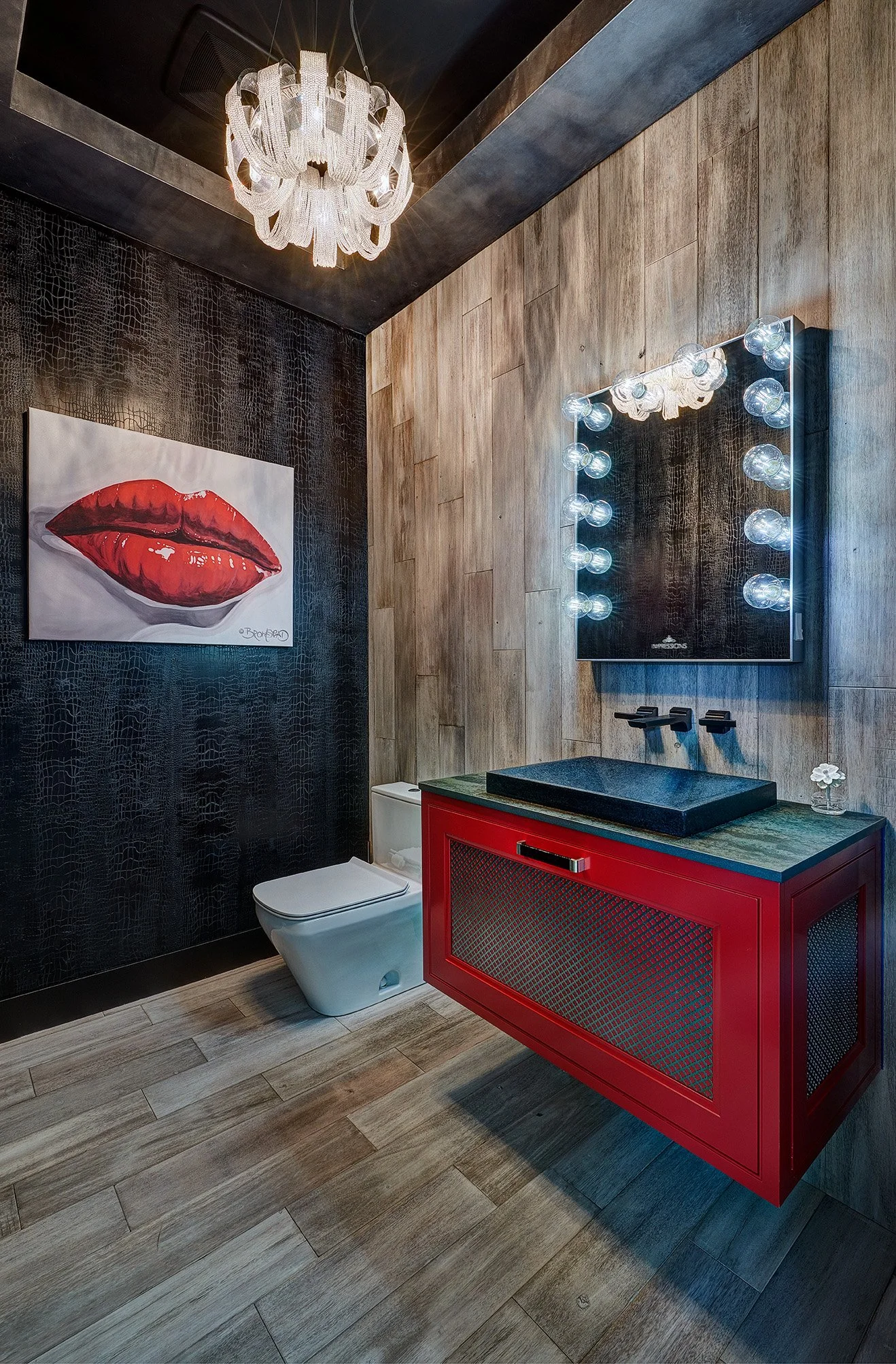 Luxury new construction home, powder bathroom, red and metal floating cabinet vanity, vessel sink