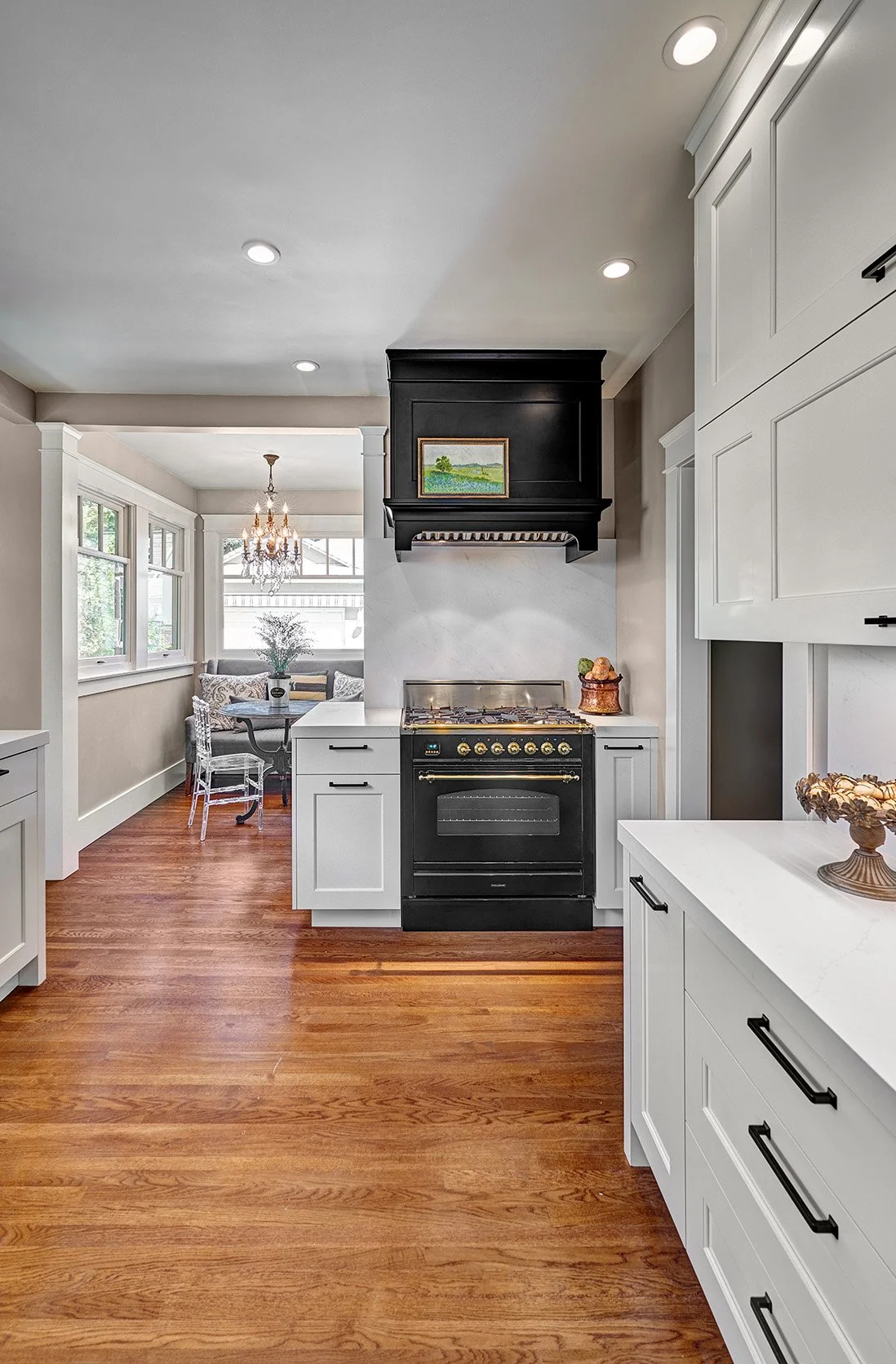 Transitional black + white kitchen remodel, The Galley workstation,  black range 