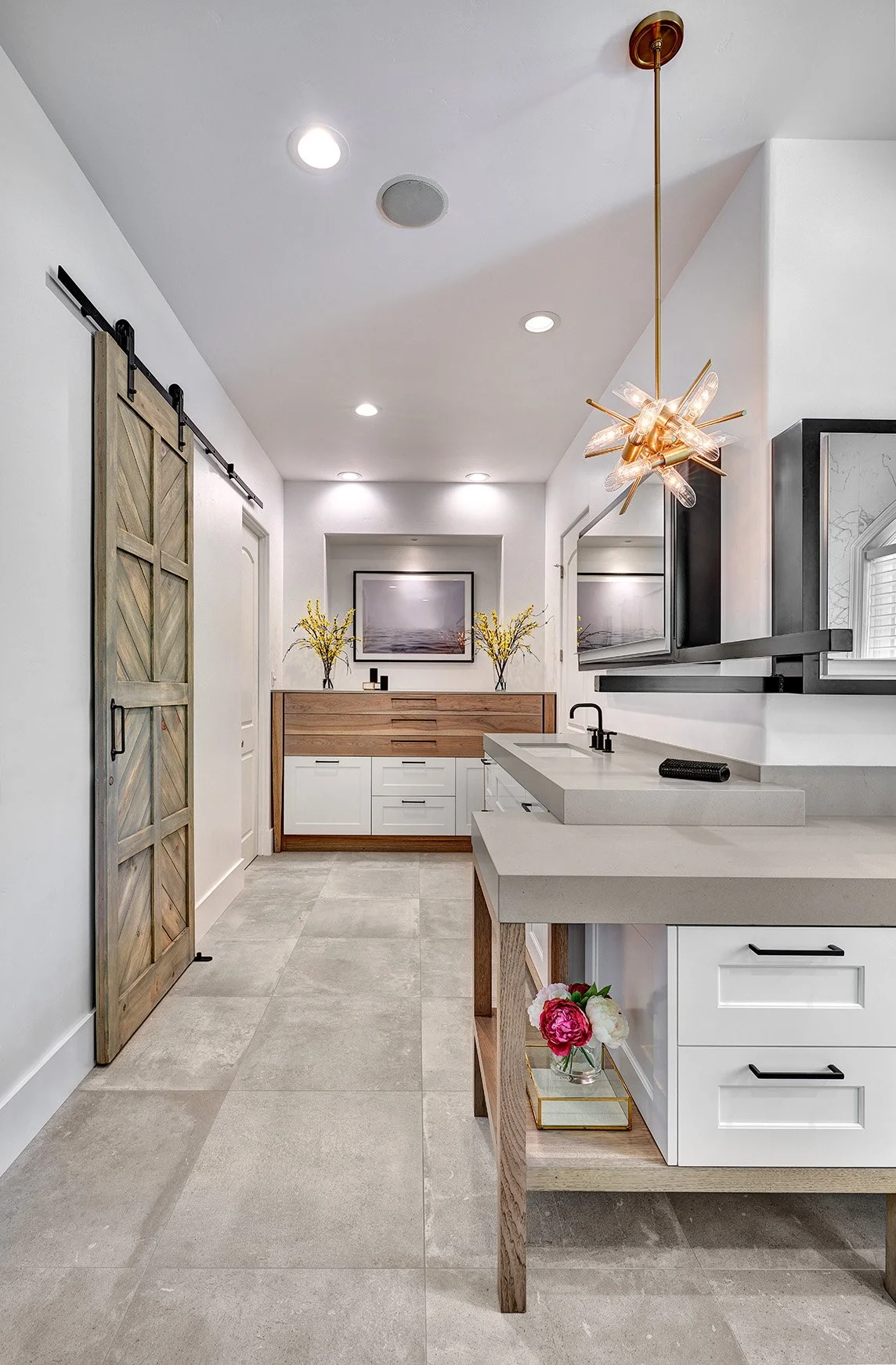 Primary bath remodel, double vanities, open wood cabinet legwork vanity end cap, makeup station, Robern medicine cabinets